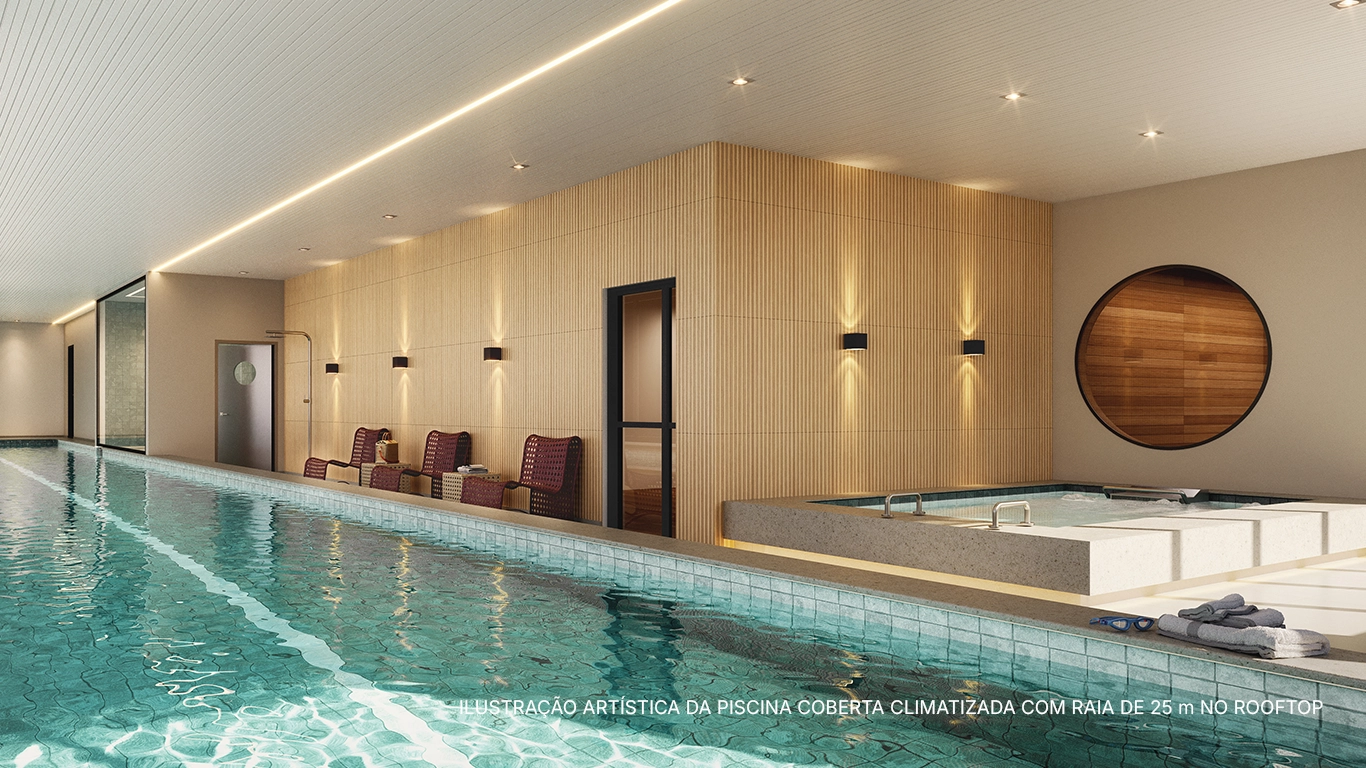 ILUSTRAÇÃO ARTÍSTICA DA PISCINA COBERTA CLIMATIZADA COM RAIA DE 25 m NO ROOFTOP