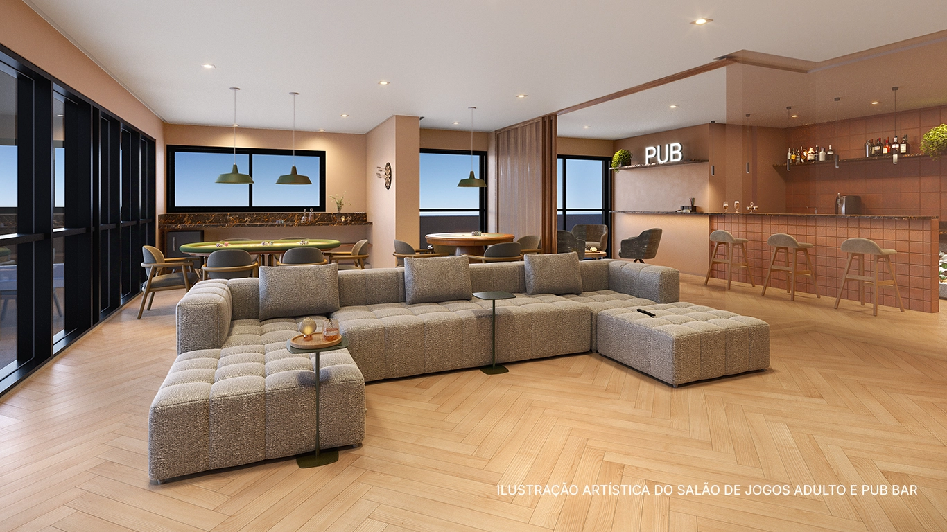 ILUSTRAÇÃO ARTÍSTICA DO SALÃO DE JOGOS ADULTO E PUB BAR